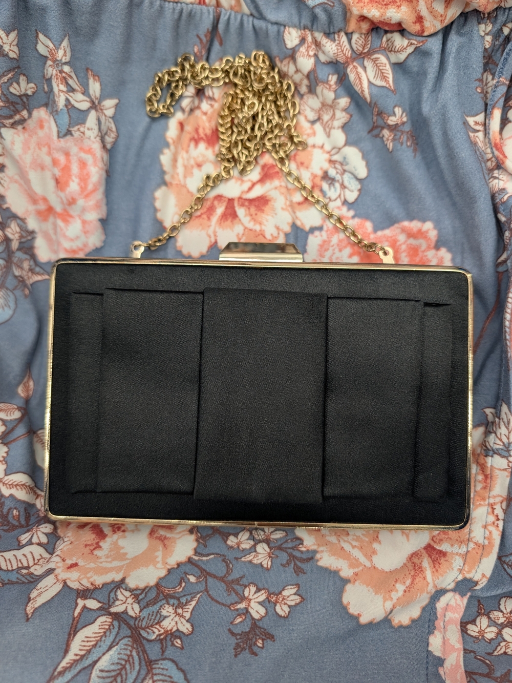 Black Satin Evening Eva Mendes Clutch with Gold Chain